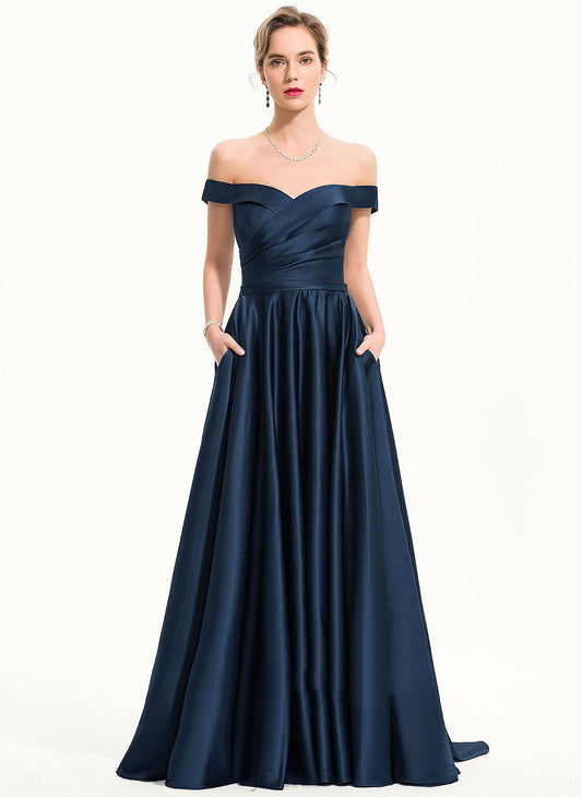 Prom Dresses Sweep Brielle A-Line Off-the-Shoulder Train Satin