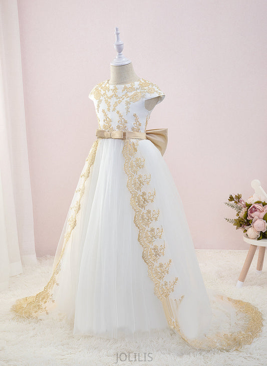 Ball-Gown/Princess Sleeves Flower Phoebe - Neck Scoop Court Bow(s) Train With Short Flower Girl Dresses Dress Girl Tulle/Lace