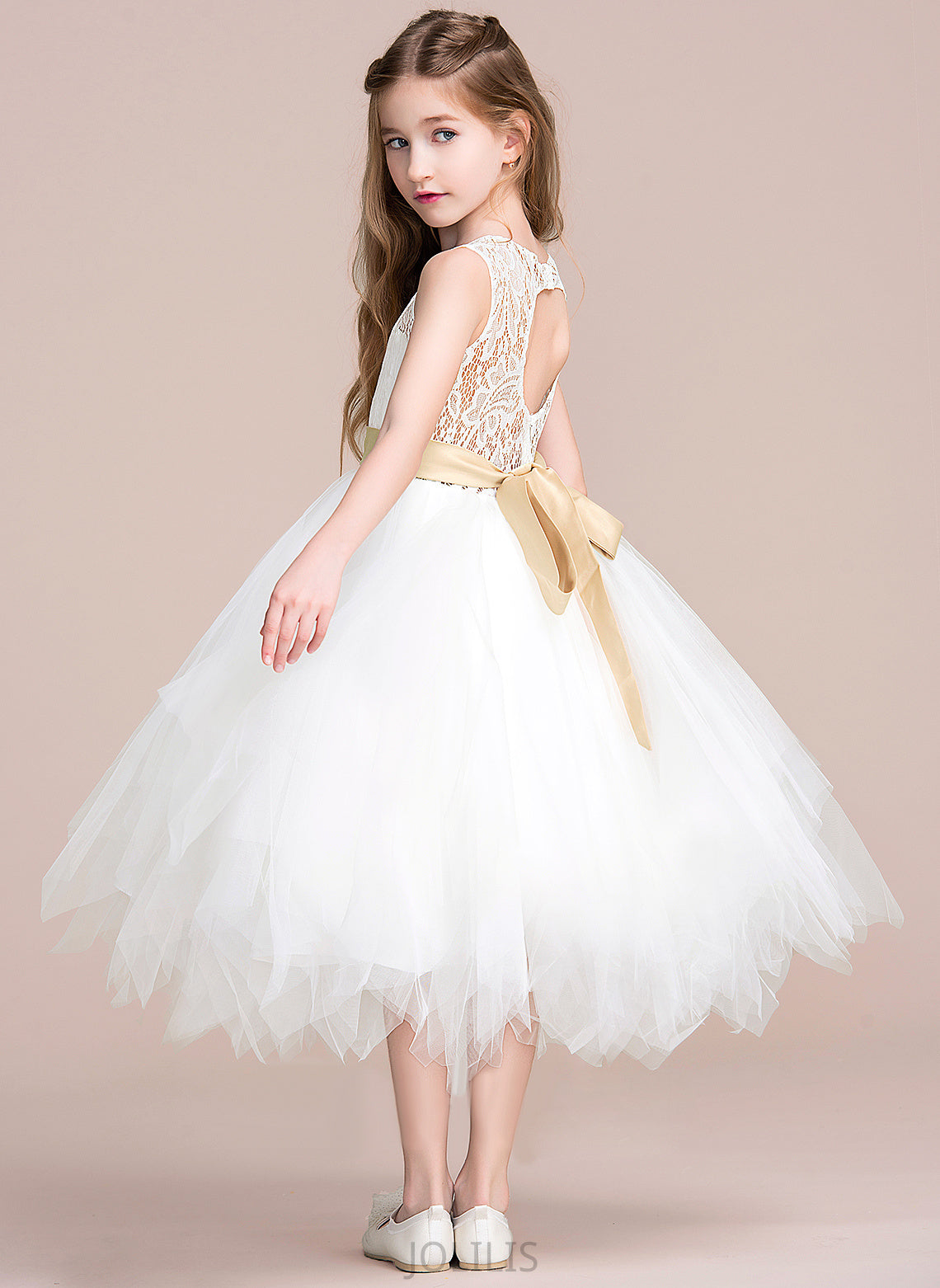 Tea-length Sash/Back Ciara Neck Flower Tulle/Lace Dress Girl Hole (Detachable Scoop - Flower Girl Dresses With A-Line Sleeveless sash)