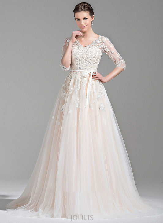 Appliques Wedding Lace Beading Bow(s) Tulle Court V-neck Wedding Dresses Amelia With Ball-Gown/Princess Dress Sequins Train