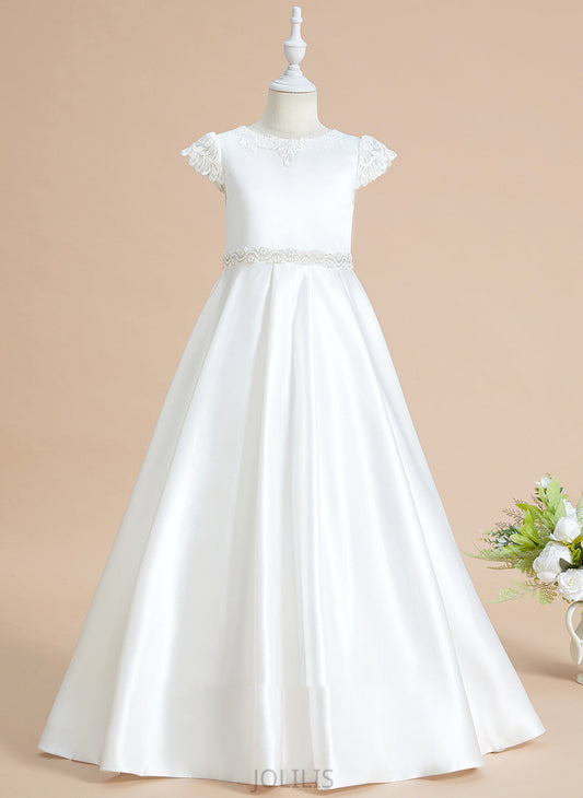 Scoop Short Flower Girl Dresses Floor-length Sleeves Lace/Beading/Bow(s) Neck Girl - Dress With Ball-Gown/Princess Satin Leyla Flower