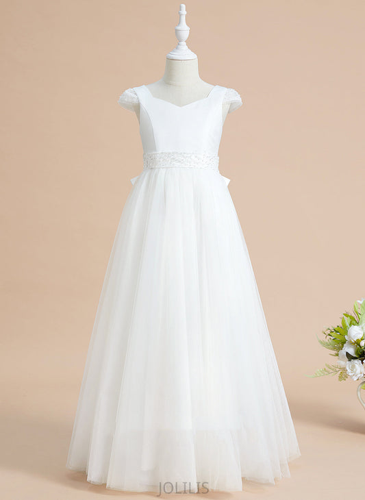 V-neck With Satin/Tulle Dress Ball-Gown/Princess - Girl Flower Girl Dresses Beading/Bow(s) Floor-length Sleeves Kit Flower Short