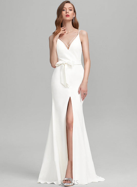 Train Crepe Sheath/Column Wedding Dresses Stretch Bow(s) Split With Destinee Wedding Dress Front Sweep V-neck