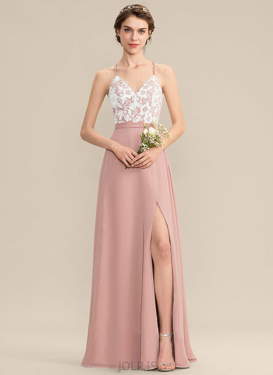 Floor-Length Prom Dresses With Lace Front A-Line Chiffon Split V-neck Emely