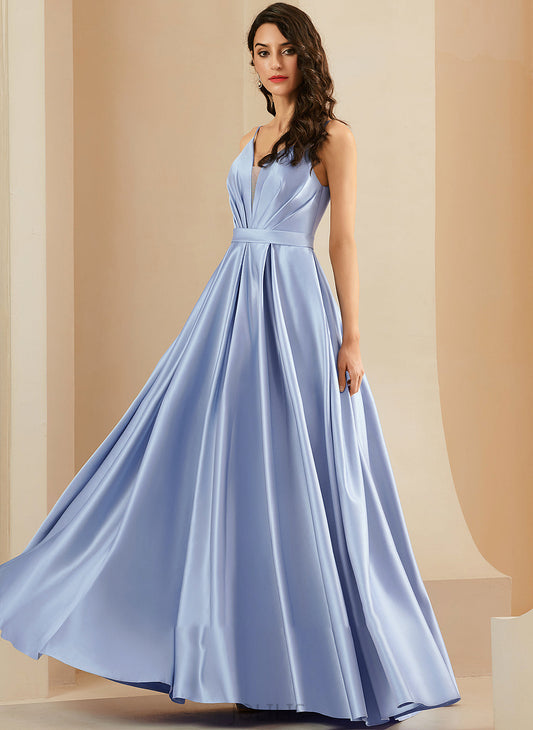 With Prom Dresses Satin Ball-Gown/Princess Pockets V-neck Hallie Ruffle Floor-Length