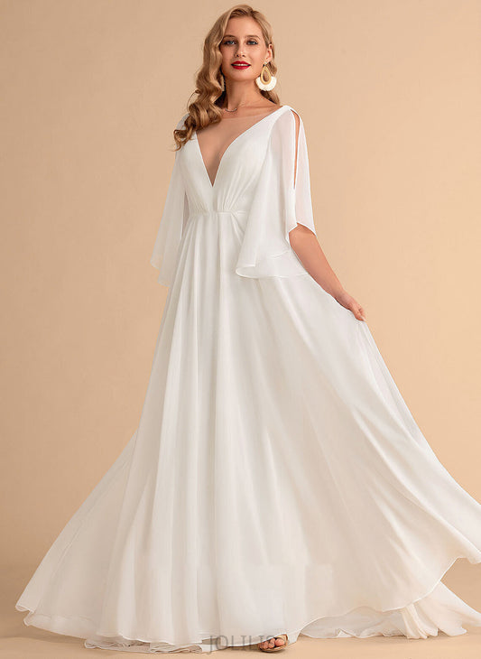 Lyric Wedding V-neck Sweep Train Dress Chiffon Wedding Dresses A-Line