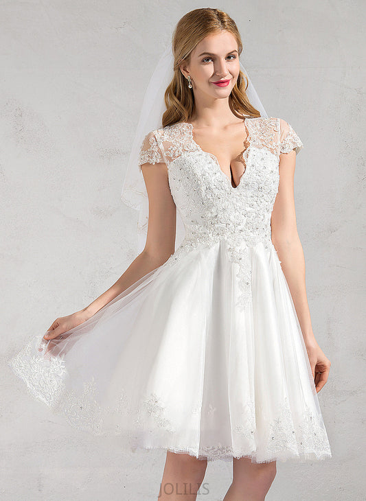 Beading Lace Wedding Aracely Appliques Wedding Dresses With Knee-Length Lace Sequins Tulle V-neck Dress A-Line