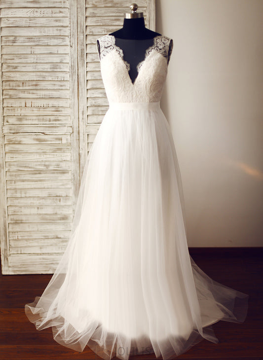 Lace Wedding Dresses A-Line Dress Wedding Train V-neck Amelie Tulle Sweep