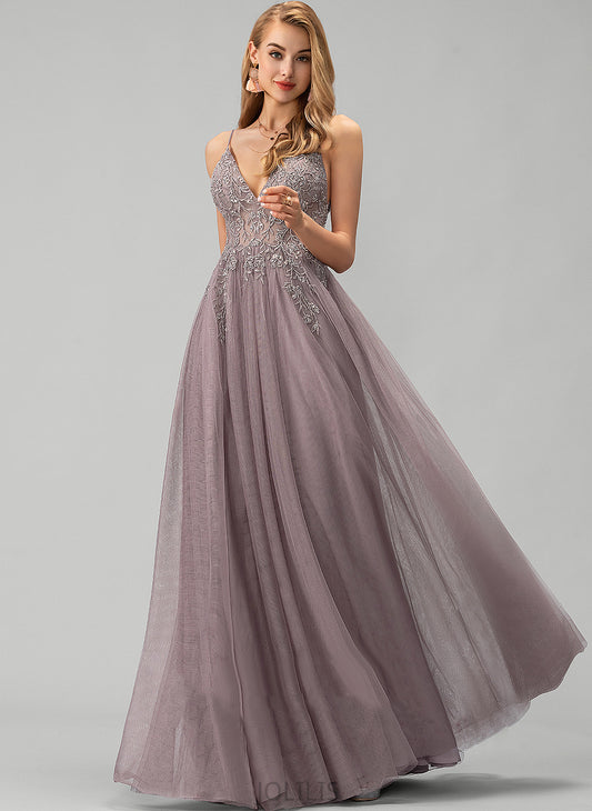 With Floor-Length V-neck Martha Ball-Gown/Princess Sequins Beading Prom Dresses Tulle