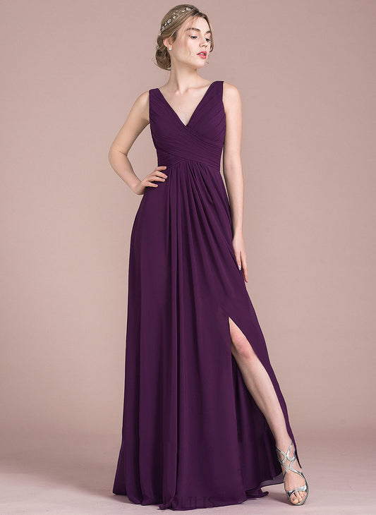 A-Line Split Ruffle Prom Dresses Chiffon V-neck Floor-Length With Reyna Front