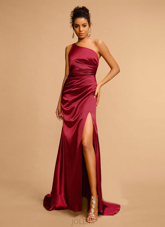 Satin Prom Dresses One-Shoulder Train Sheath/Column Front Sweep Split Esperanza Pleated With