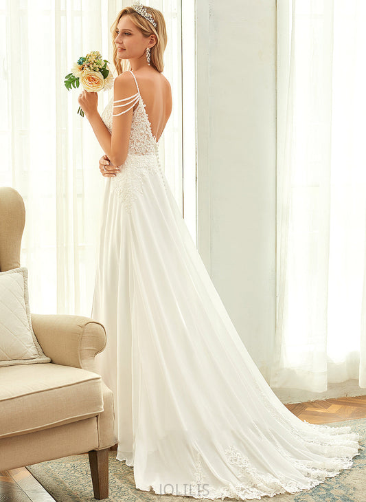 Train Beading Sequins Dress With Lace V-neck A-Line Nellie Wedding Dresses Chiffon Wedding Sweep