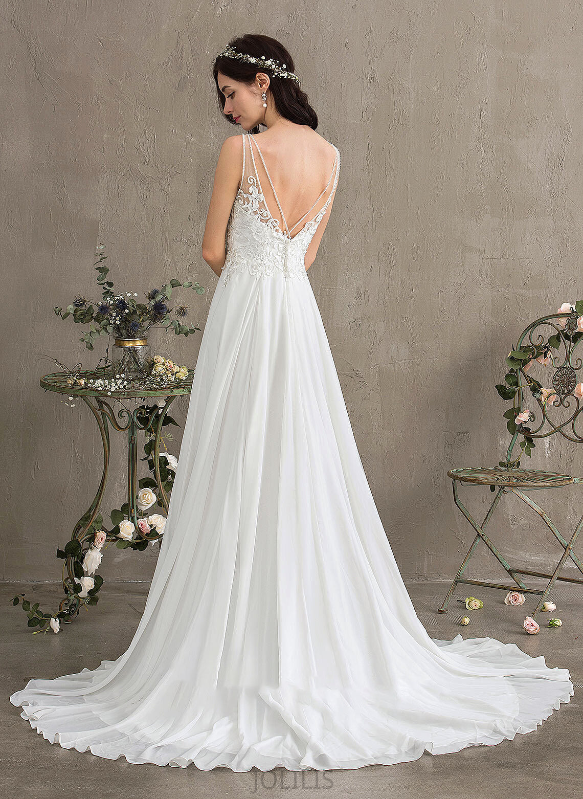 Beading Wedding V-neck A-Line Split Dress Sweep Train Kaliyah Sequins Wedding Dresses With Chiffon Front