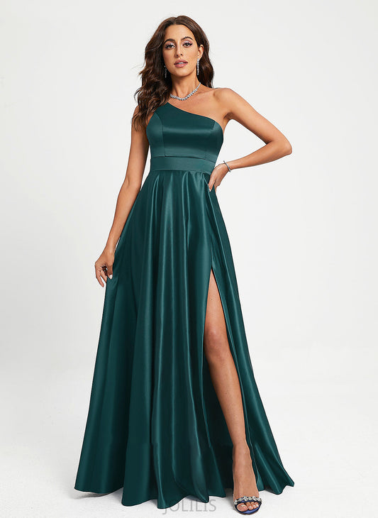 A-Line With Floor-Length Sheila Satin Prom Dresses Beading One-Shoulder