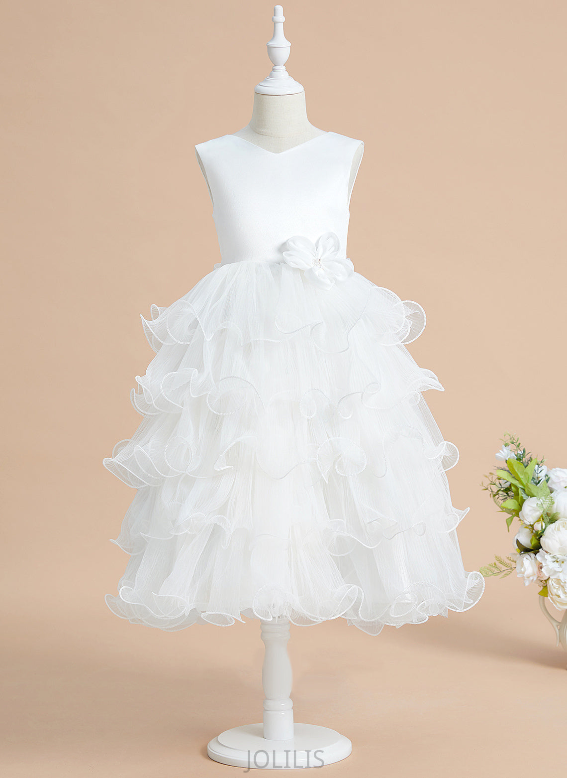 Satin/Tulle Sleeveless Tea-length Flower Girl Dresses Bow(s) Ball-Gown/Princess Girl Dress With - Flower Yuliana V-neck