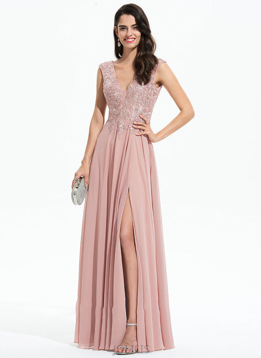 Floor-Length Prom Dresses A-Line Front Split V-neck Chiffon With Penelope Lace