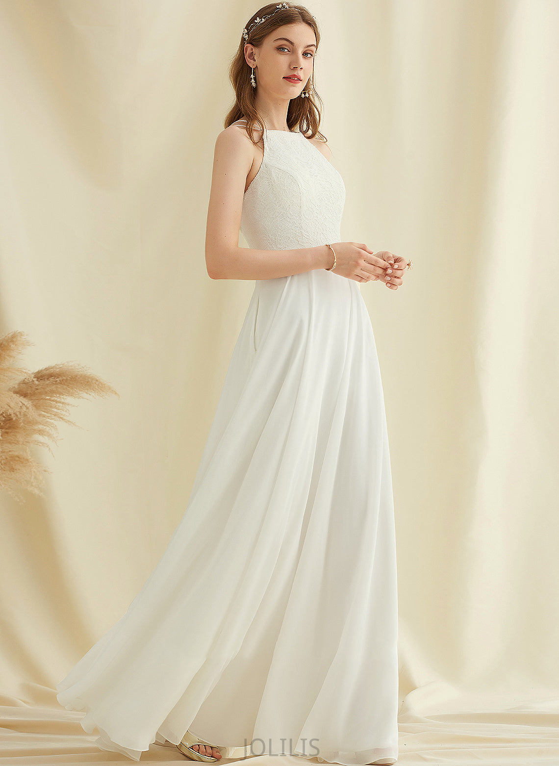 Lace A-Line Dress Wedding Chiffon Floor-Length Pockets Neck Andrea Wedding Dresses Scoop With