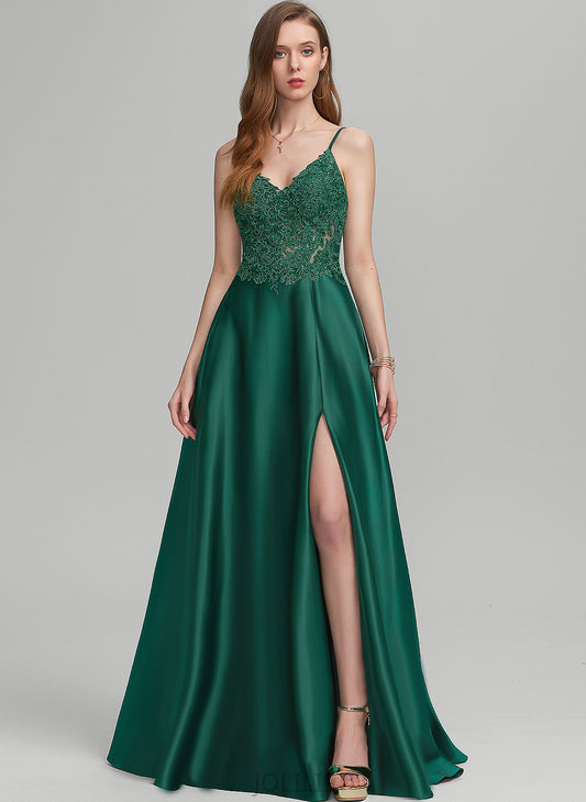 A-Line V-neck Satin Floor-Length Lace Eileen Prom Dresses