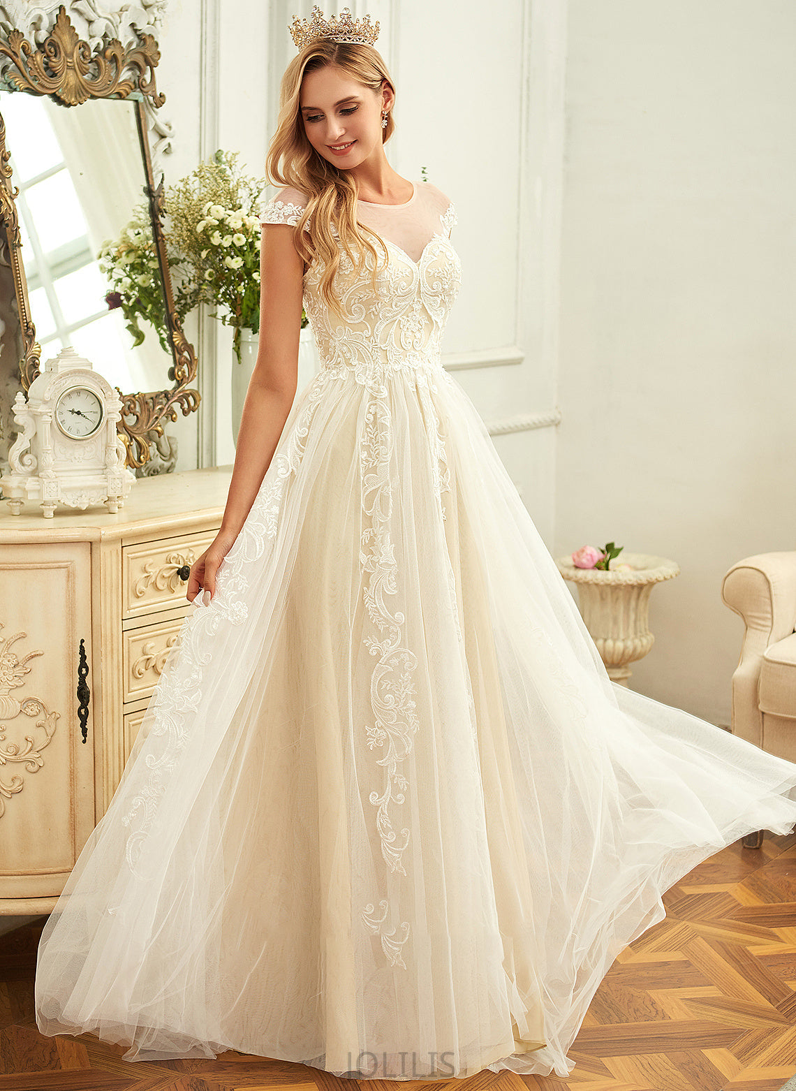 With Train Lace Mariah Tulle Ruffle Lace Scoop Sweep Wedding Dresses Neck A-Line Dress Wedding