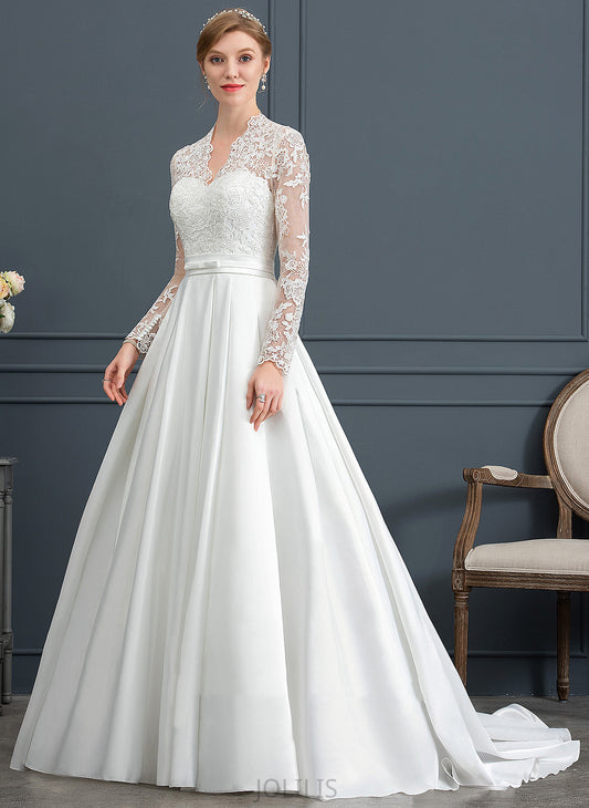 Court Kiana Lace Satin V-neck Bow(s) With Train Wedding Wedding Dresses Dress Ball-Gown/Princess