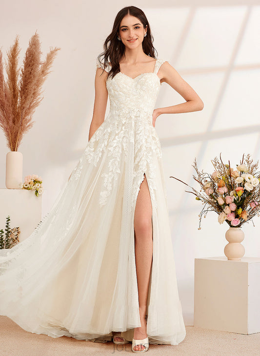 A-Line With Train Sweep Beading Sequins Anna Wedding Off-the-Shoulder Dress Wedding Dresses