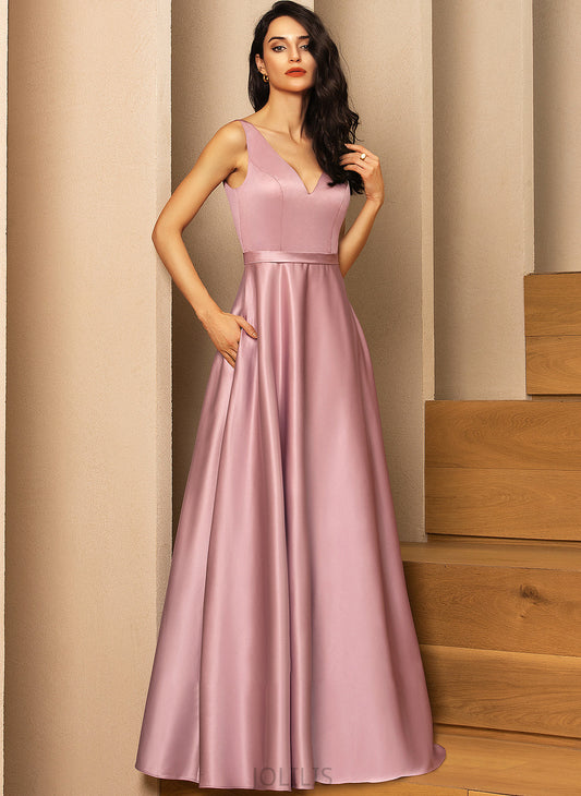 Ball-Gown/Princess Angelica Floor-Length Pockets Prom Dresses Satin With V-neck