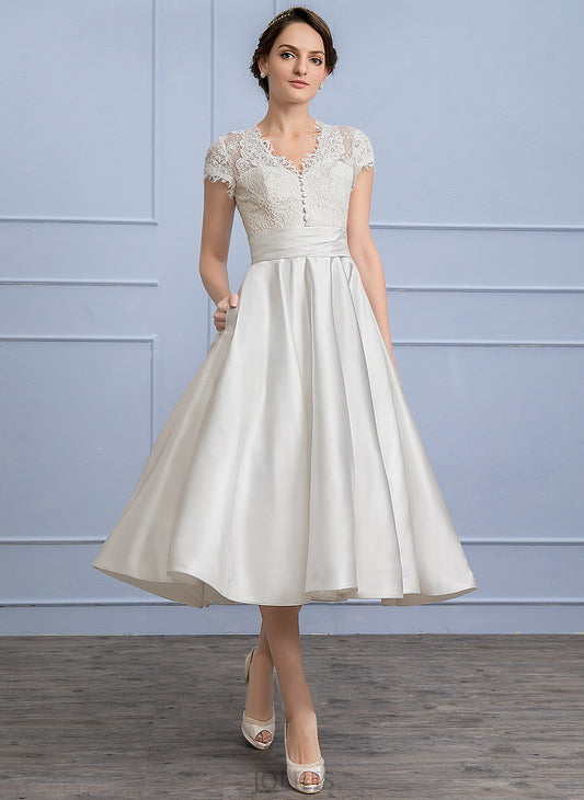 Dress Ruffle Margery A-Line Satin V-neck With Tea-Length Wedding Lace Wedding Dresses