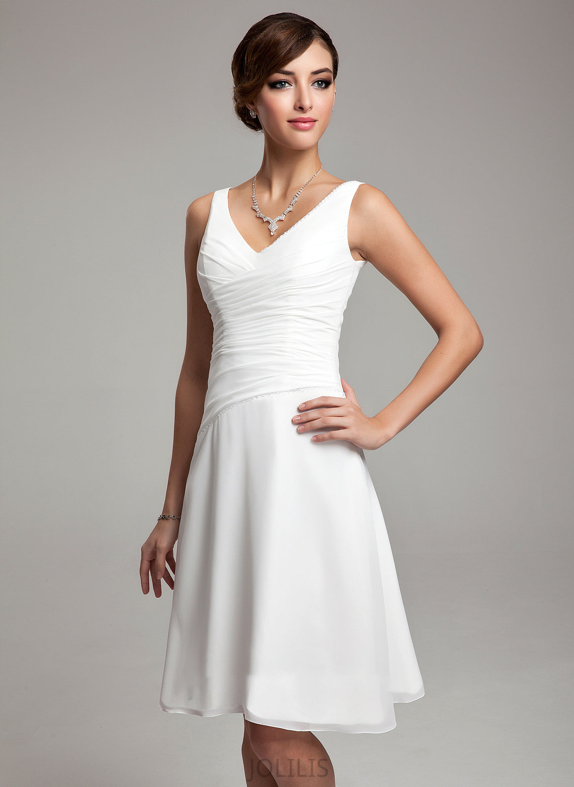 A-Line Dress Beading Wedding V-neck Sequins Knee-Length Chiffon Ruffle Nora With Wedding Dresses