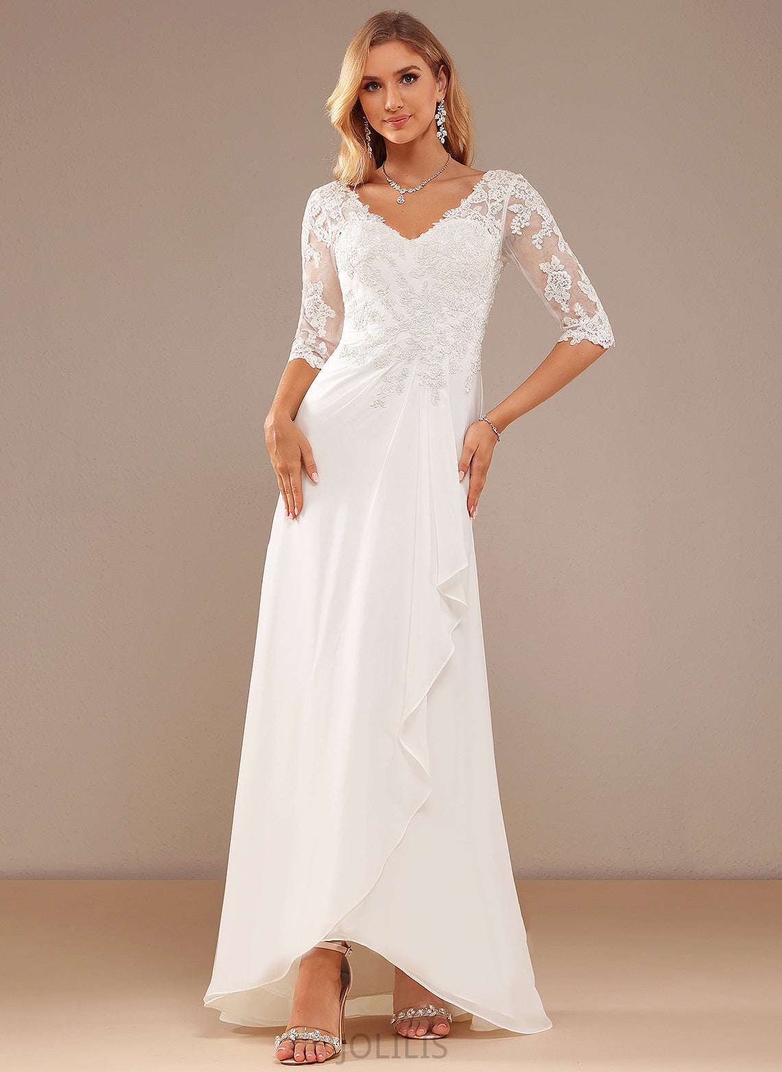 Lace Ruffle A-Line Asymmetrical Wedding Dresses Chiffon Dress Wedding Destiny With V-neck