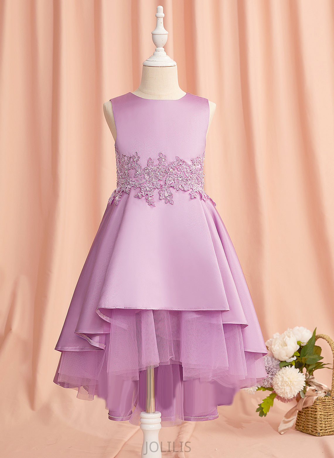 Flower Girl Dresses Sleeveless Flower With Girl Neck Scoop - A-Line Satin/Tulle Dress Lace/Beading/Bow(s) Pam Asymmetrical