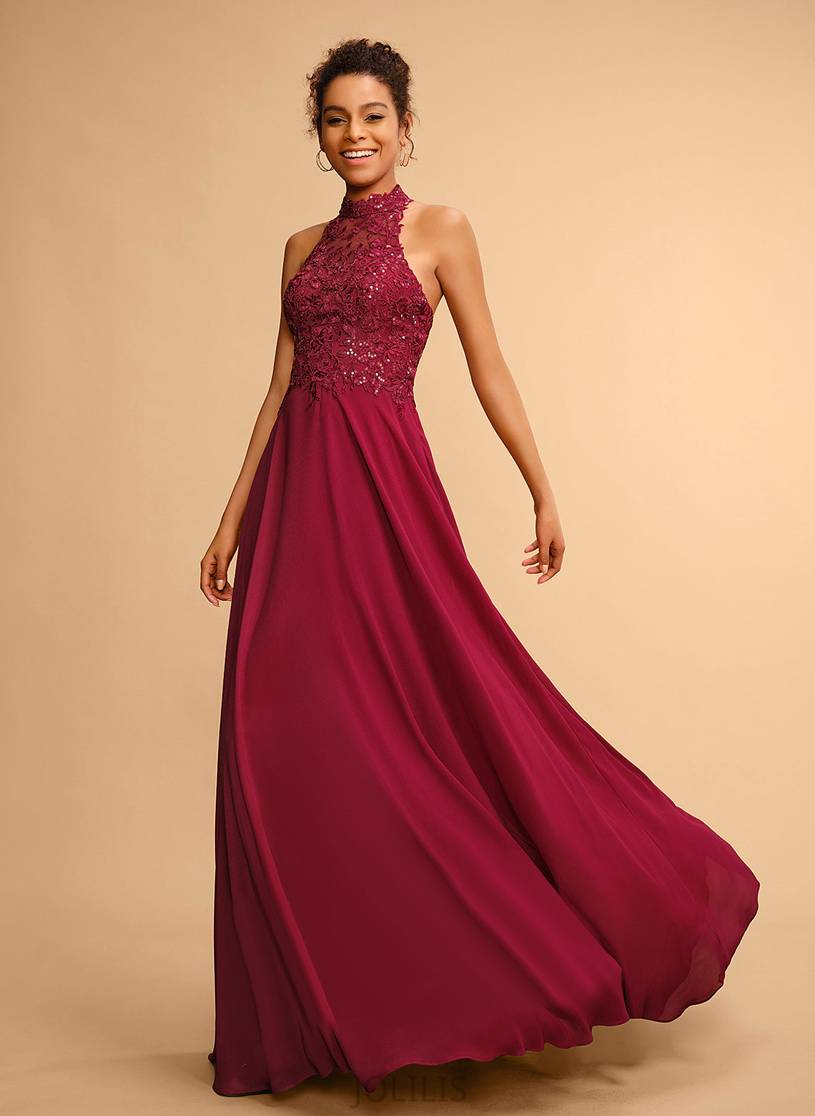 Sequins Lace A-Line Halter Carla Prom Dresses Floor-Length With Chiffon