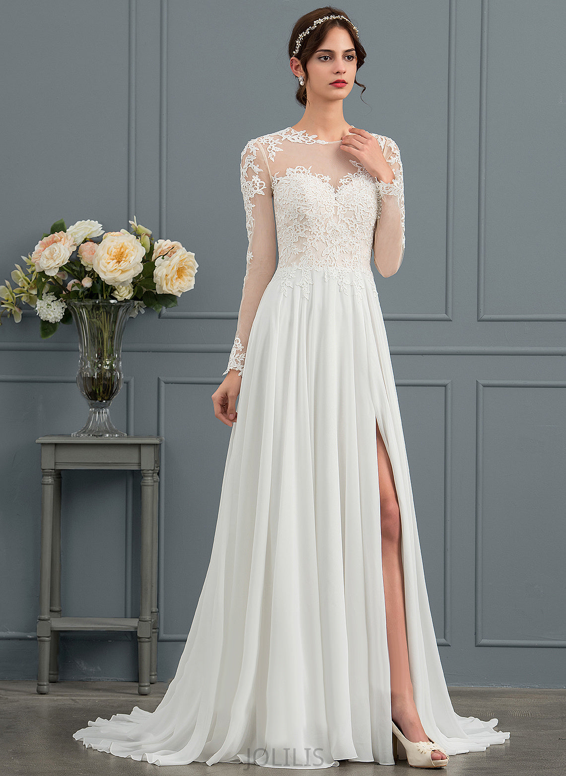 Split Wedding Dresses A-Line Train Lace Front Chiffon Dress Wedding Illusion With Tulle Sweep Appliques Leanna