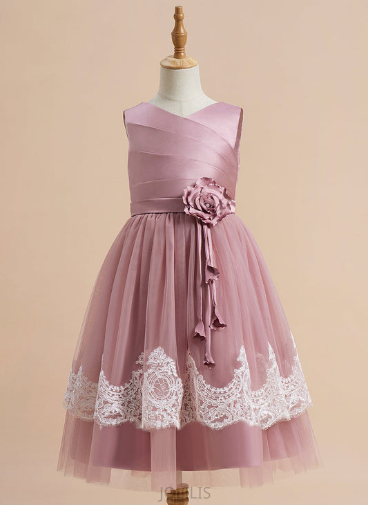 Taylor Flower Girl Dresses Satin/Tulle - Dress V-neck Knee-length With Flower A-Line Lace/Flower(s)/Bow(s)/Pleated/V Girl Sleeveless Back