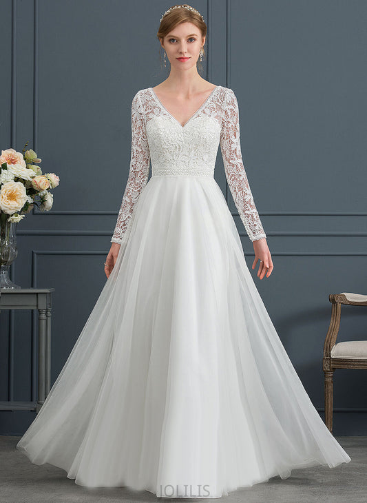 June V-neck Floor-Length Dress A-Line Tulle Lace Wedding Dresses Wedding