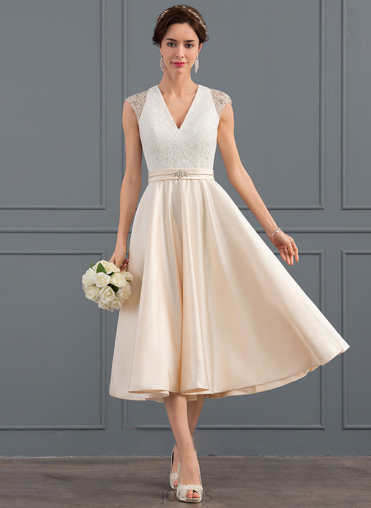 Wedding With V-neck Beading Sequins Maggie A-Line Satin Dress Wedding Dresses Tea-Length