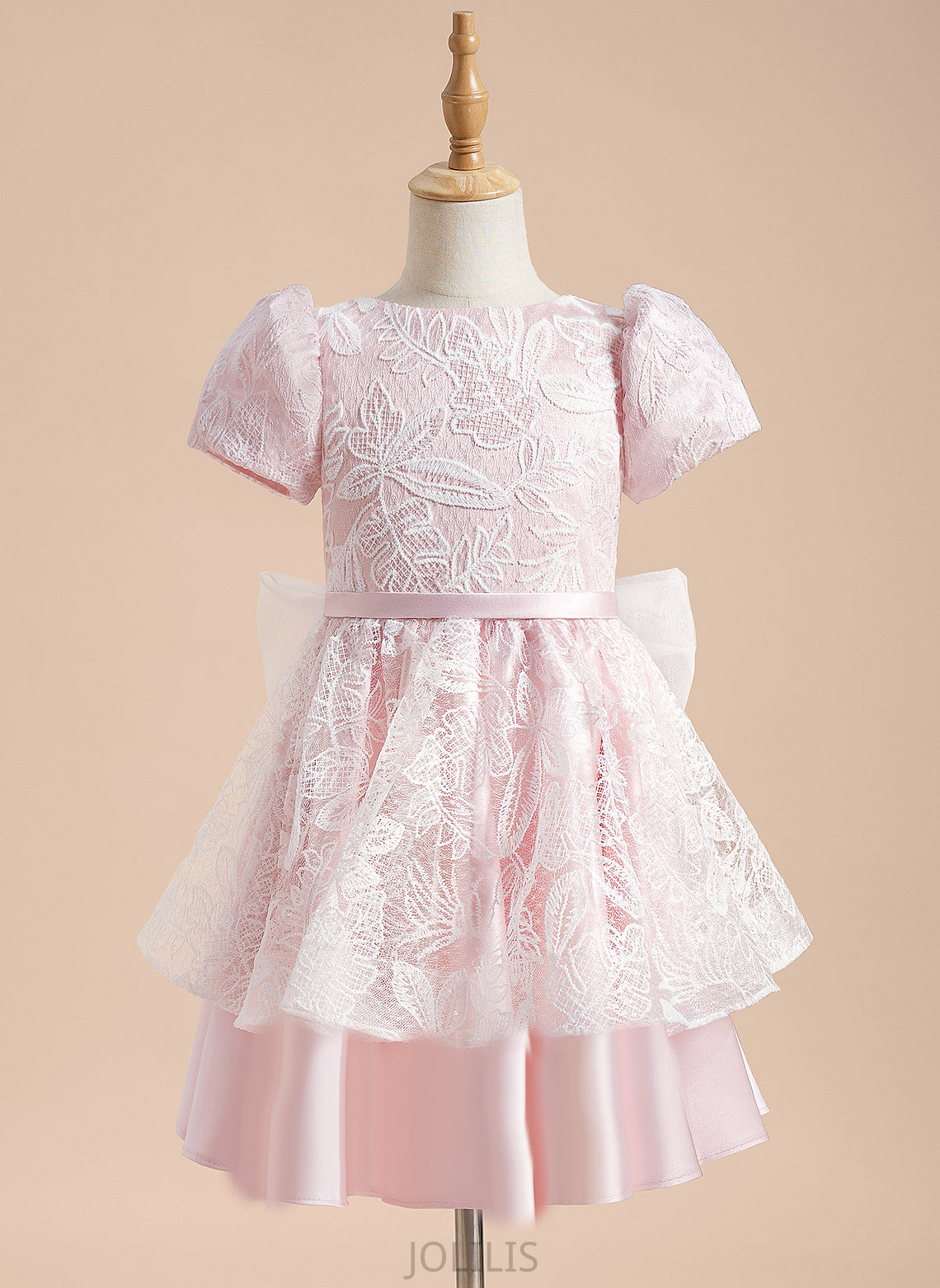 Neck Cara With - Knee-length A-Line Lace/Sequins/Bow(s) Satin/Tulle Dress Flower Girl Dresses Short Scoop Sleeves Flower Girl