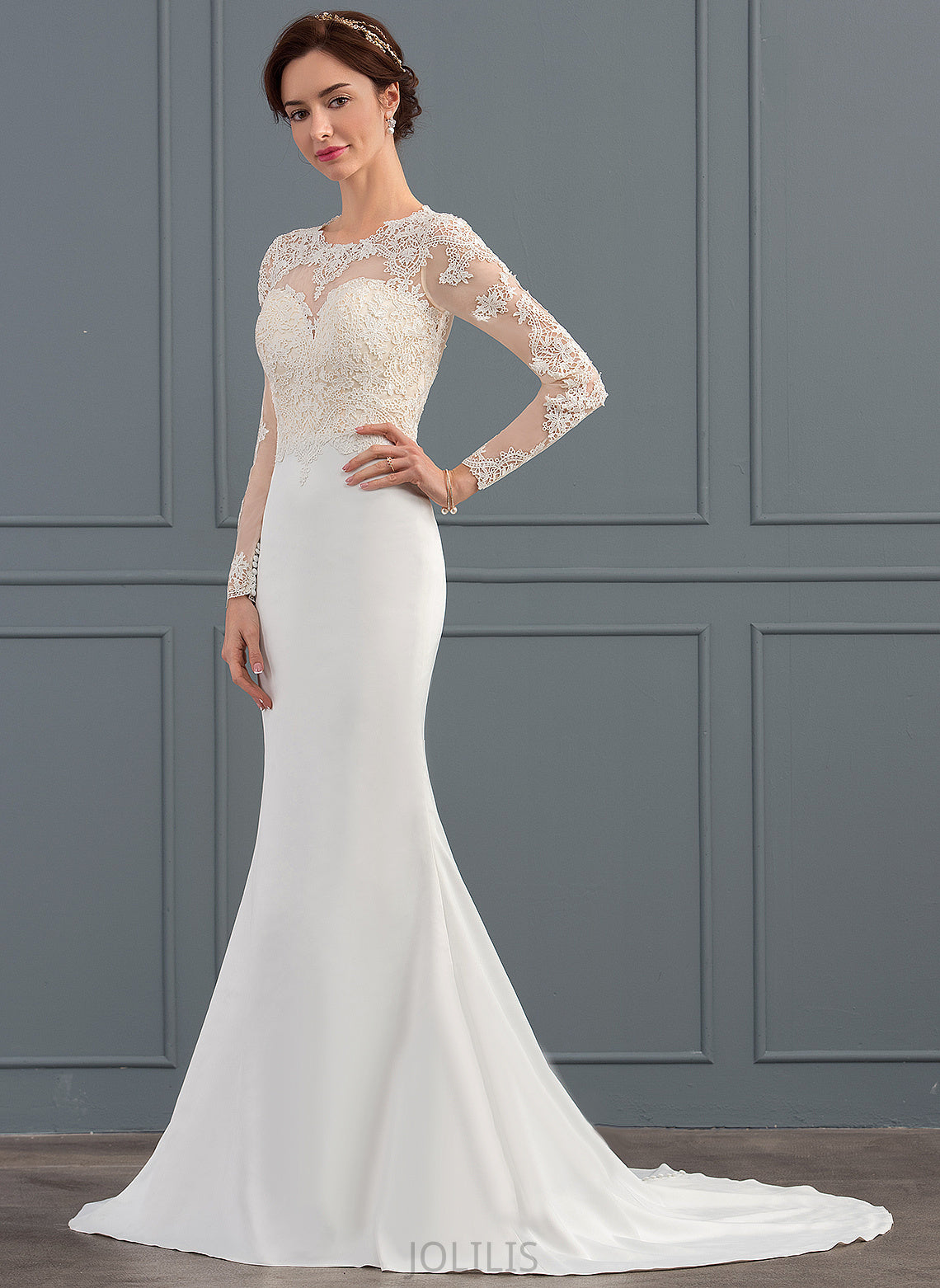 Crepe Wedding Dresses Lace Dress Sweep Kimora Illusion Trumpet/Mermaid Wedding Stretch Train