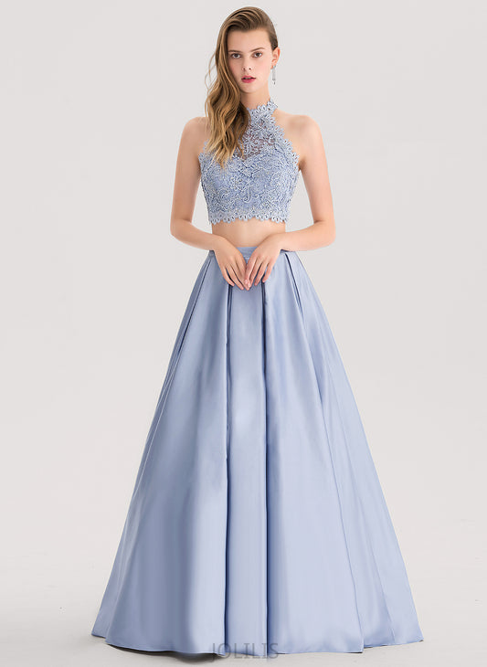 Satin Scoop Vivien Sequins Floor-Length With Beading Lace Prom Dresses Ball-Gown/Princess