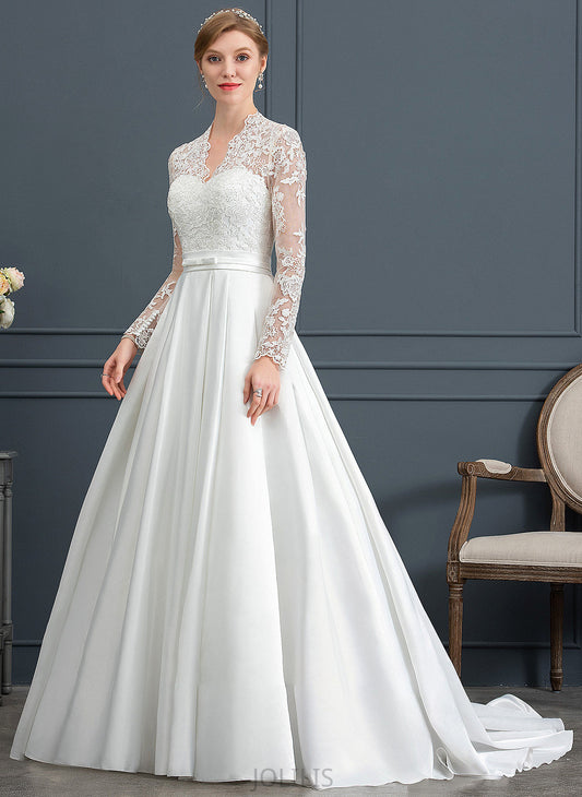 Dress Court With Bow(s) Ball-Gown/Princess V-neck Satin Marisol Wedding Train Wedding Dresses