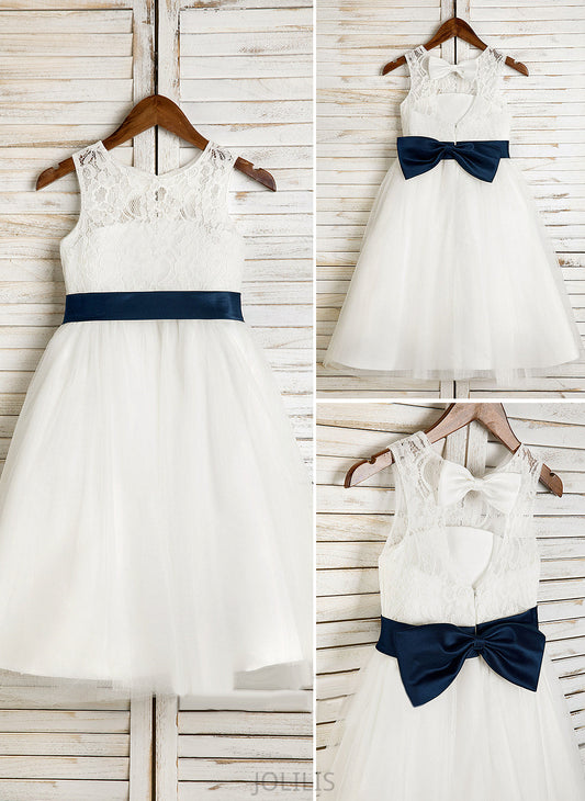 '- Flower Girl Dresses Flower Neck Tulle/Lace Sash/Bow(s)/Back Tea-length Scoop Sleeveless Hole A-Line/Princess Dress Girl (Undetachable Haley sash) With