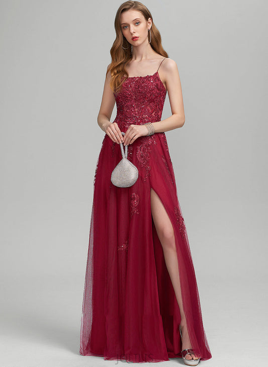 Floor-Length A-Line Yuliana Split Neckline With Front Sequins Prom Dresses Tulle Square