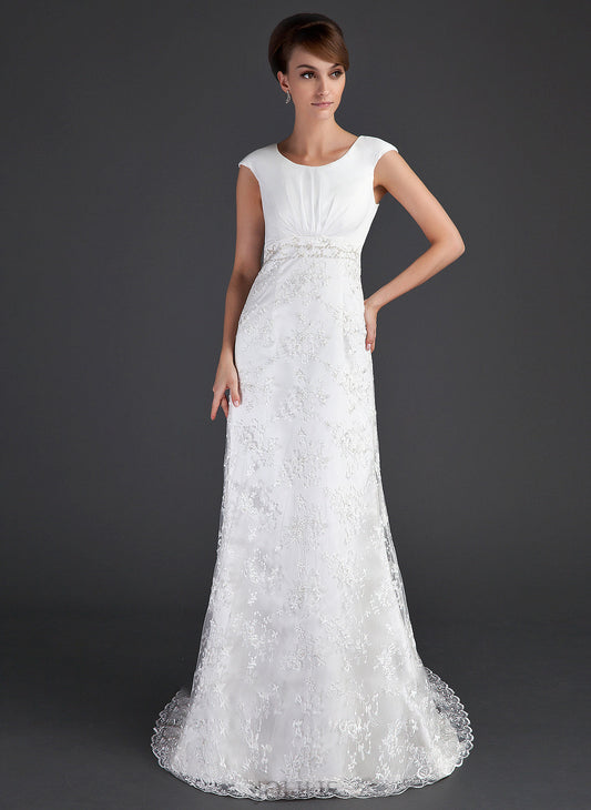 Dress Neck Kit Wedding Dresses Sheath/Column Scoop Train Ruffle With Court Lace Beading Wedding