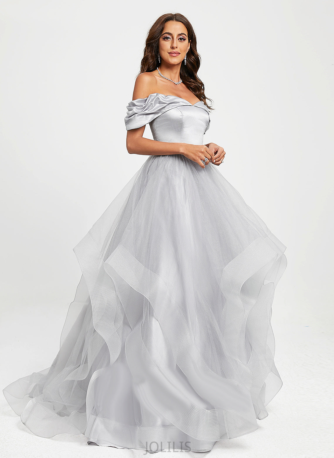 Train Jenna Ball-Gown/Princess Off-the-Shoulder Prom Dresses Tulle Sweep Satin