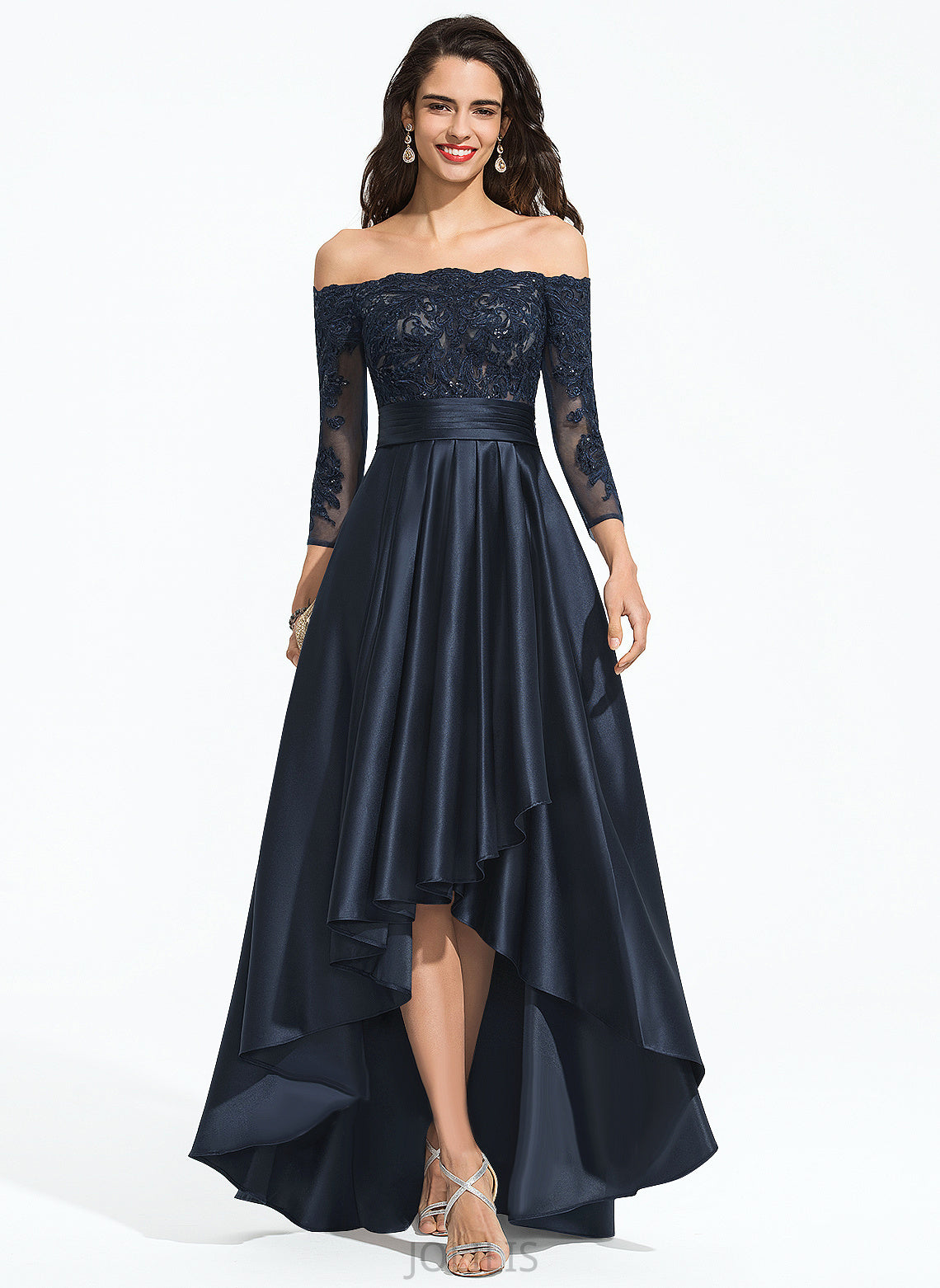 A-Line Sequins Satin Cascading Asymmetrical Ruffles Prom Dresses Off-the-Shoulder Lace Jessie With