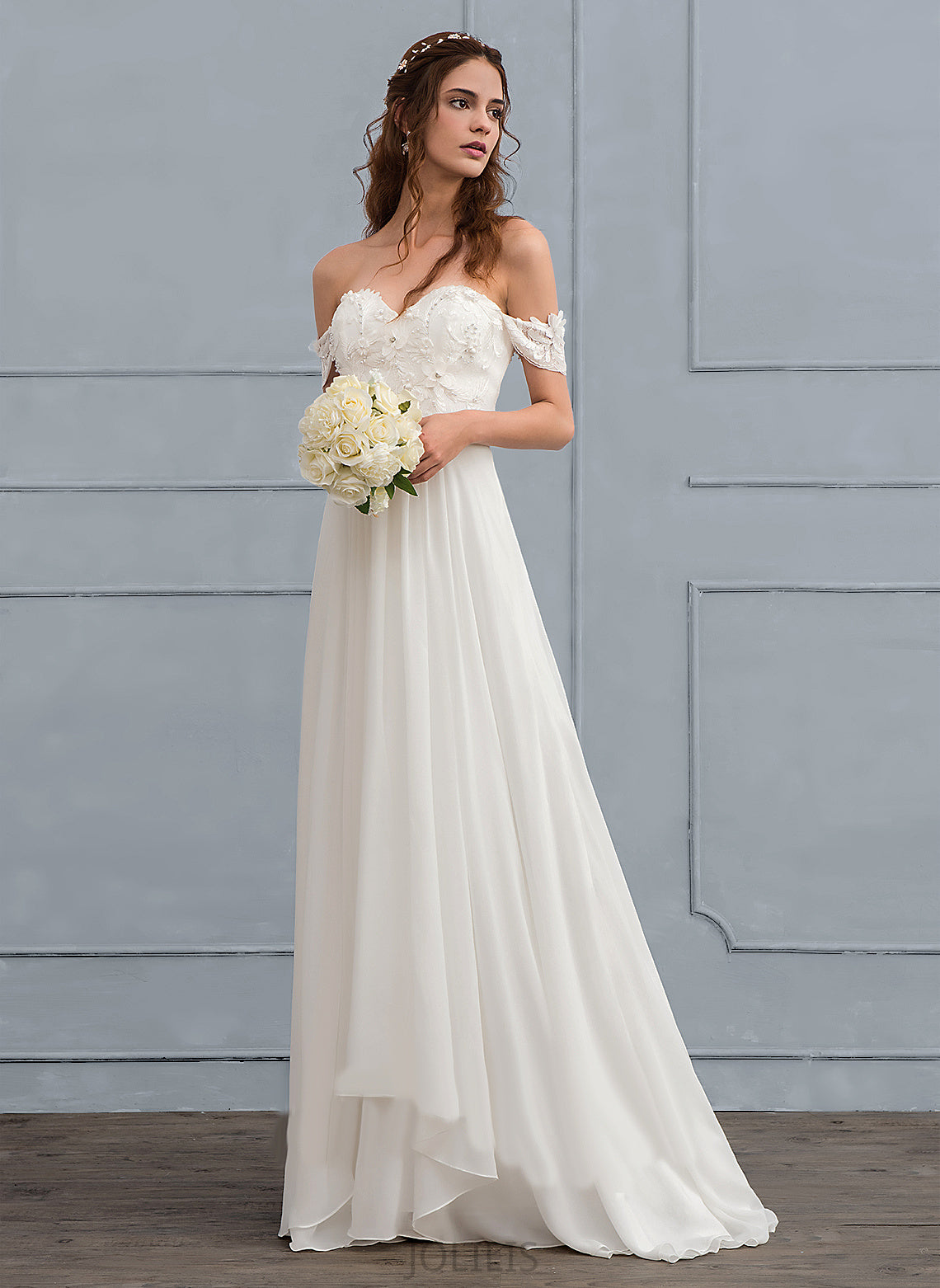 Wedding Dresses Dress Train Flower(s) Wedding Nyla Off-the-Shoulder Sweep Beading With Chiffon Lace A-Line