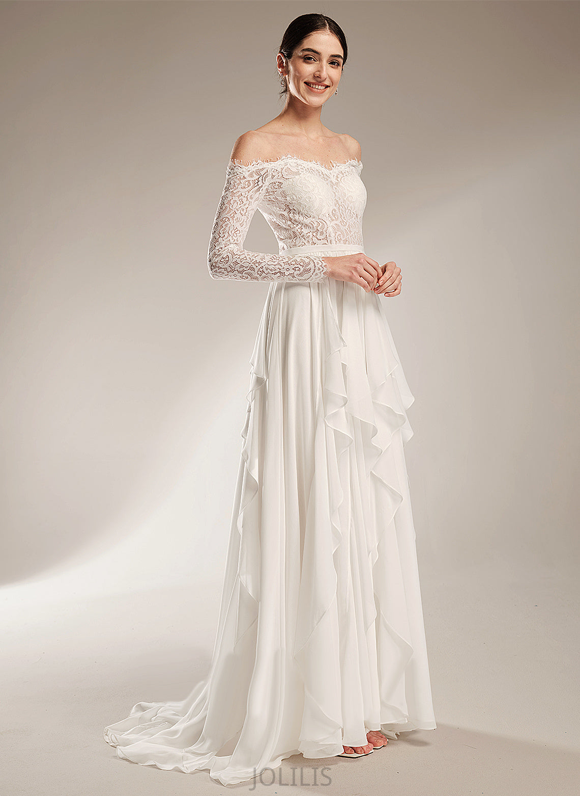 Ruffle Off-the-Shoulder Dress With Lace Izabella Court Train Wedding Dresses Chiffon Wedding A-Line