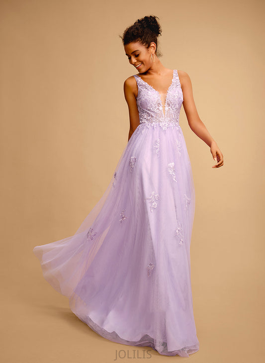 Liliana Floor-Length Lace Ball-Gown/Princess With Prom Dresses Tulle V-neck