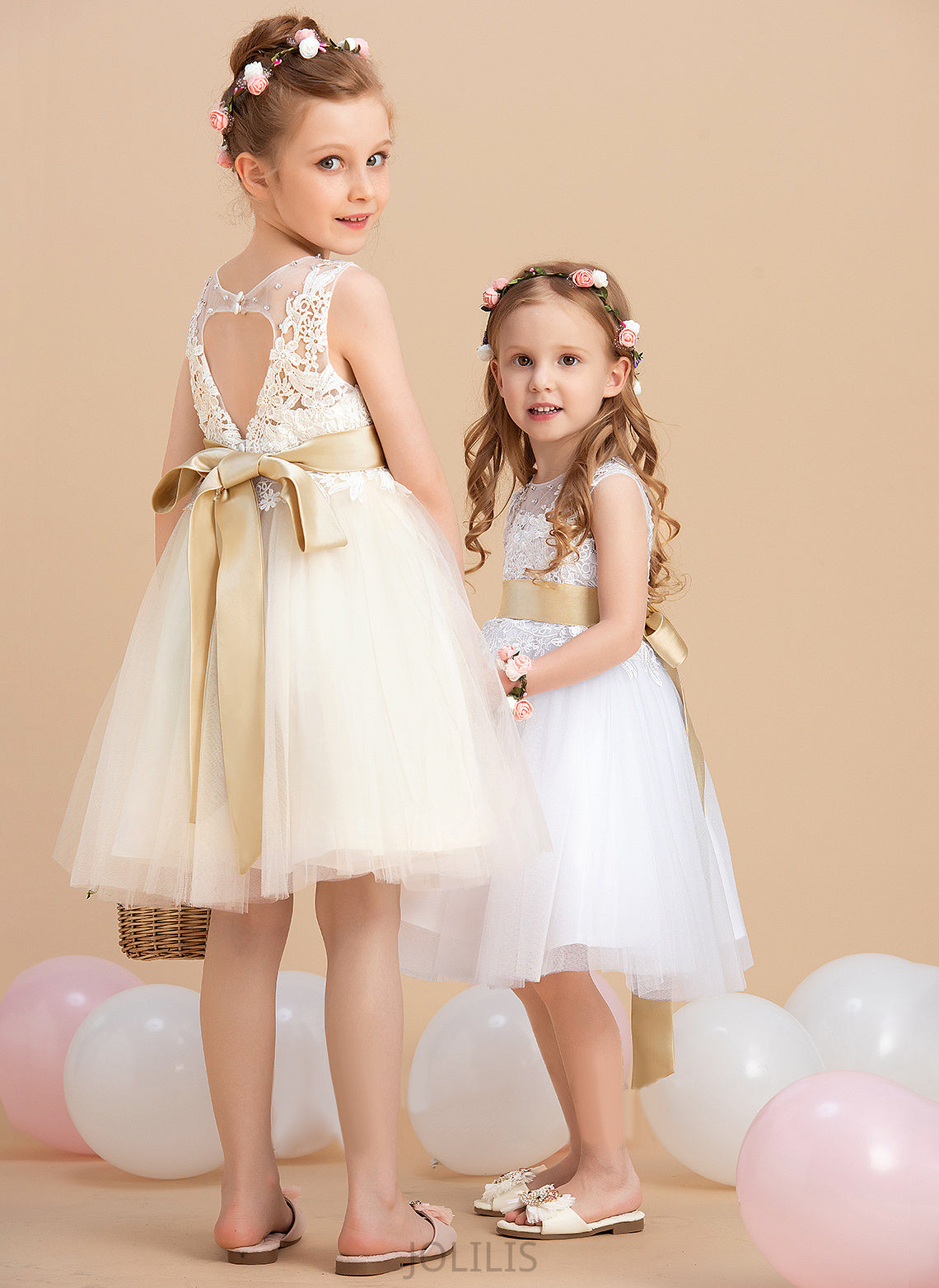 (Detachable Neck - Flower Girl Scoop Flower Girl Dresses Knee-length Tulle/Lace A-Line With Maryjane sash) Sleeveless Dress Sash/Beading/Back Hole