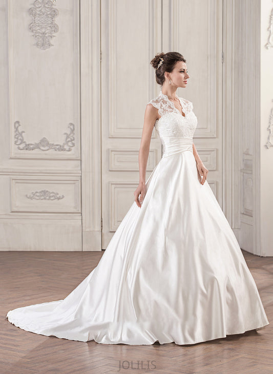 Dress Court V-neck Lace Wedding Dresses Wedding Ruffle With Ball-Gown/Princess Satin Carmen Train