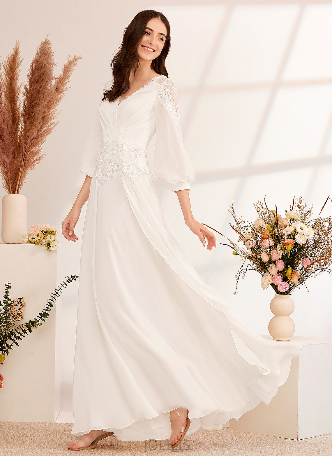 Wedding Dresses Abbie V-neck Chiffon A-Line Floor-Length Wedding Dress